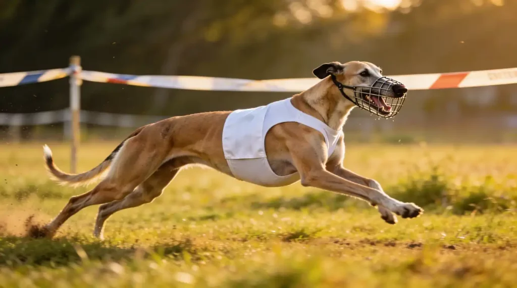 Muselières et dossards pour Whippet : Lévrier fauve en pleine course avec muselière et casaque blanche sur un terrain de coursing.