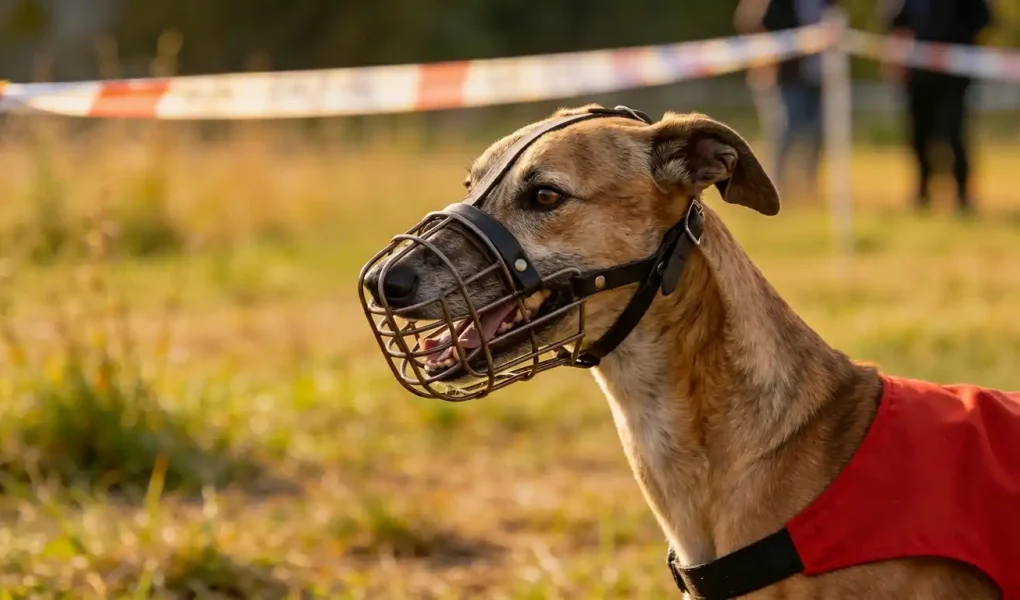 Muselières et dossards pour Whippet : Whippet fauve portant une muselière panier et un dossard rouge sur un terrain de coursing.