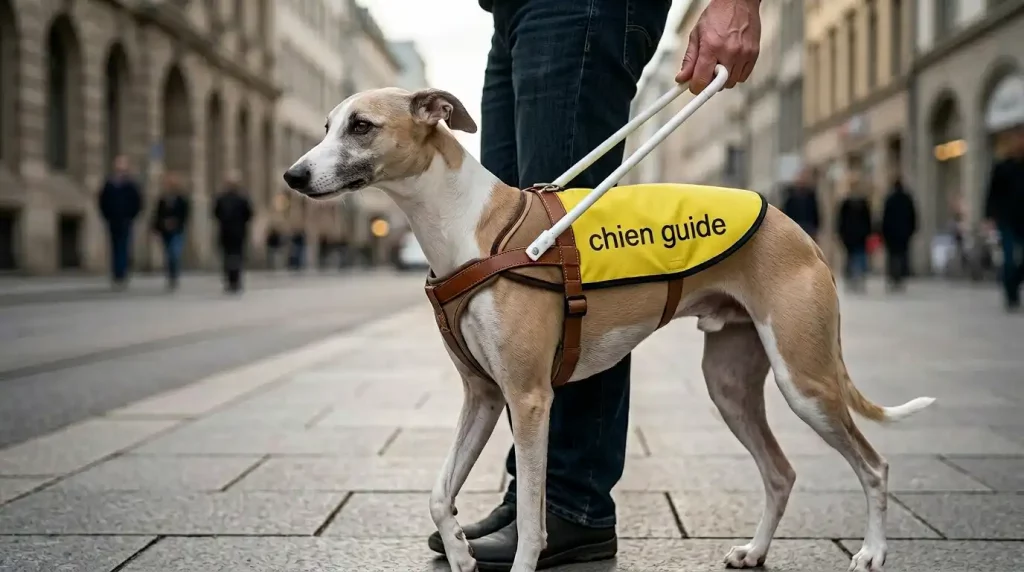 Muselières et dossards pour Whippet : Un Whippet portant un harnais avec dossard chien guide aux côtés d’une personne malvoyante en ville.