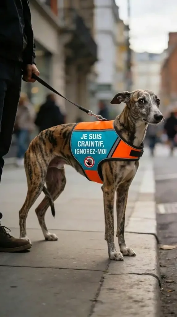 Un Whippet bringé portant un dossard informatif indiquant qu’il est craintif lors d’une promenade en ville.