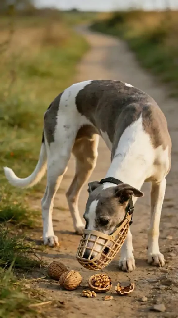 Un lévrier blanc et gris portant une muselière pour éviter d’avaler des noix lors d’une promenade à la campagne.