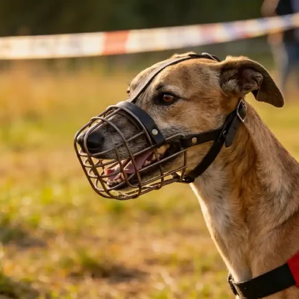 Muselières et dossards pour Whippet : Whippet fauve portant une muselière panier et un dossard rouge sur un terrain de coursing.