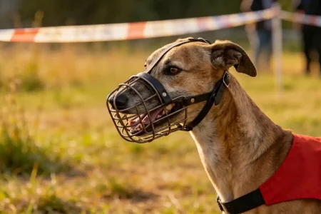 Muselières et dossards pour Whippet : Whippet fauve portant une muselière panier et un dossard rouge sur un terrain de coursing.