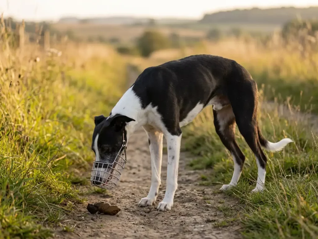Un Whippet noir et blanc portant une muselière panier pour éviter d’ingérer des déchets lors d’une promenade à la campagne.