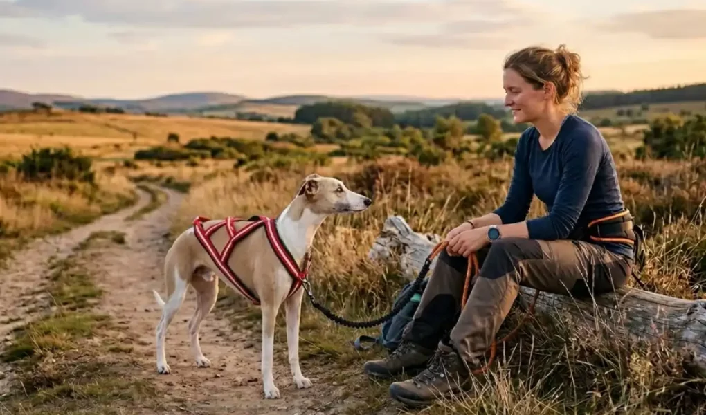 Femme assise au bord d’un chemin avec son Whippet en harnais pendant une pause de cani-rando.
