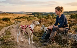 Femme assise au bord d’un chemin avec son Whippet en harnais pendant une pause de cani-rando.