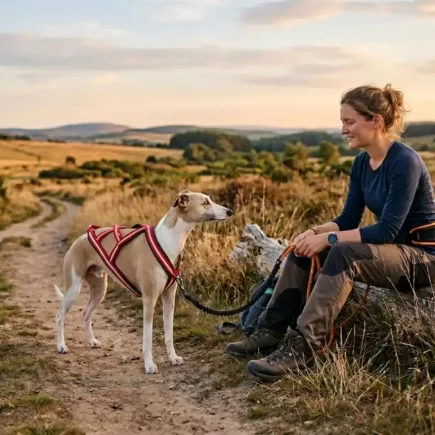 Femme assise au bord d’un chemin avec son Whippet en harnais pendant une pause de cani-rando.
