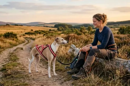 Femme assise au bord d’un chemin avec son Whippet en harnais pendant une pause de cani-rando.