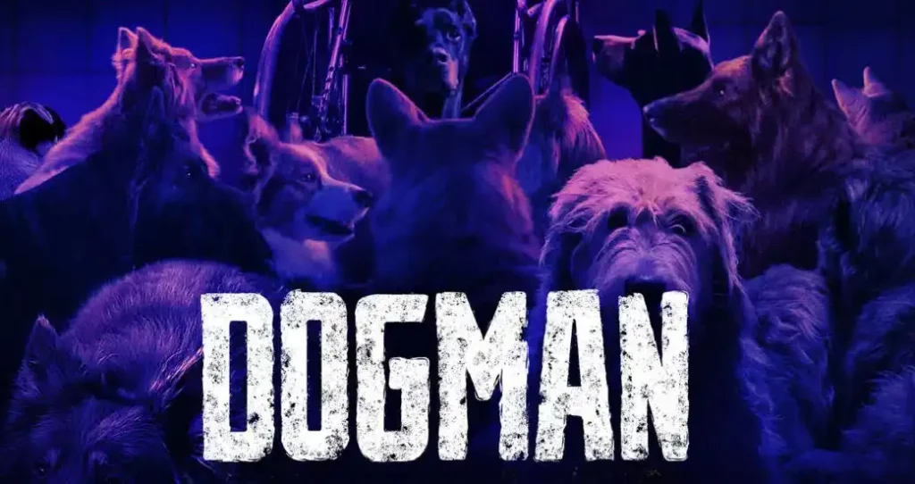 Lévriers au cinéma : Illustration DogMan inspirée du film avec meute de chiens et lévrier irlandais au premier plan.