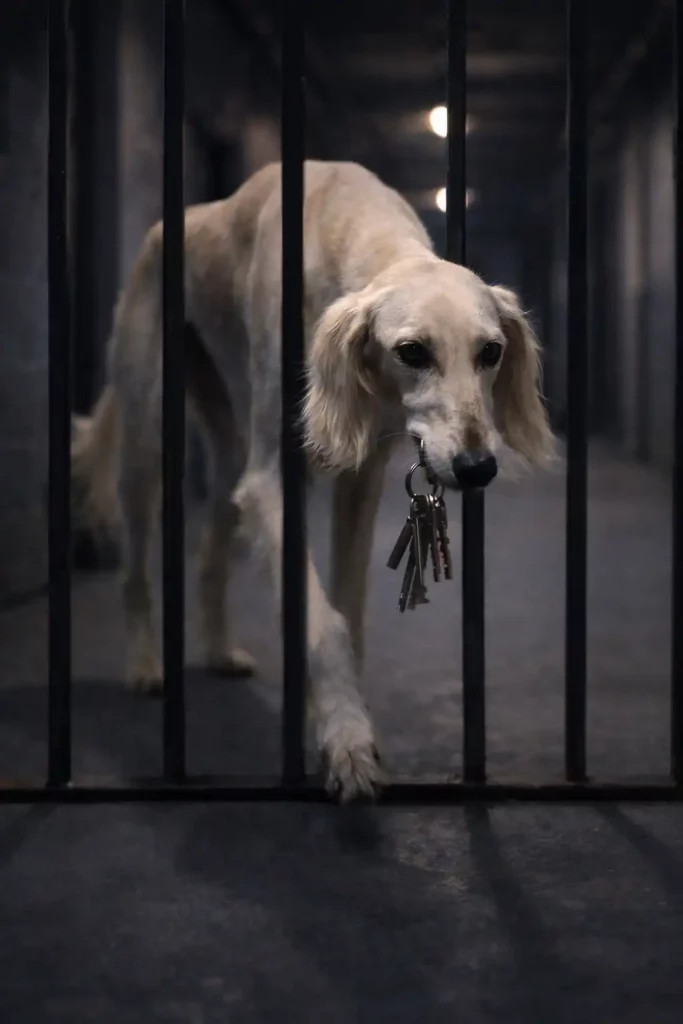 Un Saluki clair traversant une grille avec des clefs dans un couloir sombre de prison.