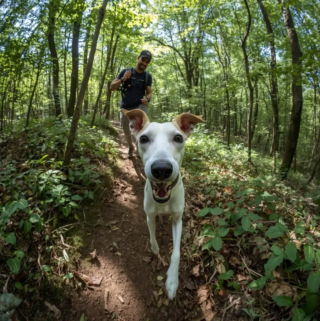 Whippet en tête de balade sur un sentier boisé lors d’une randonnée avec son maître.