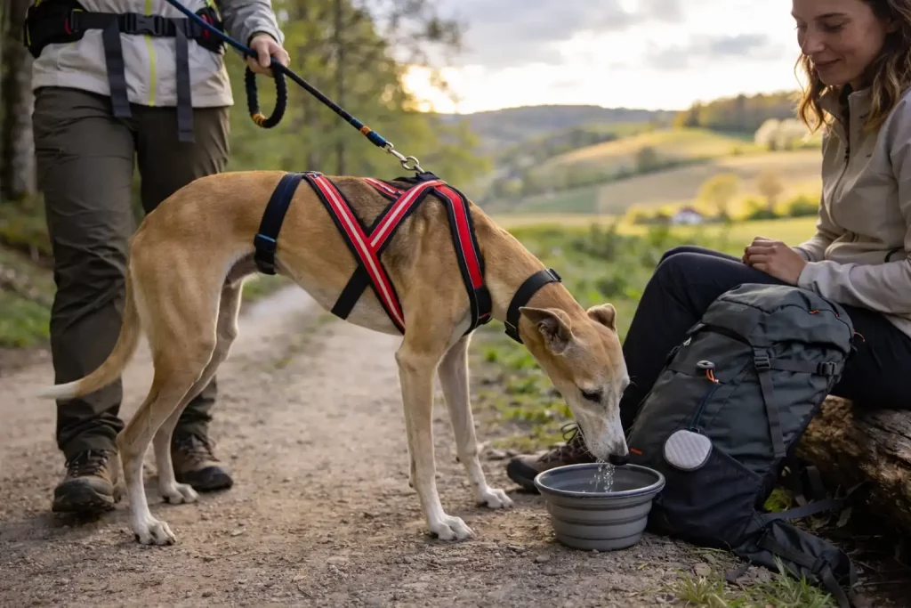 Un lévrier fauve en harnais de traction buvant de l'eau pendant une pause randonnée.