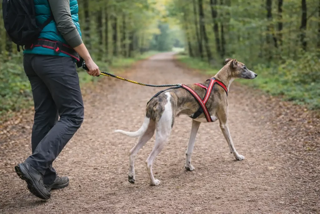 Randonner avec un Whippet bringé équipé d’un harnais de traction sur un chemin forestier.