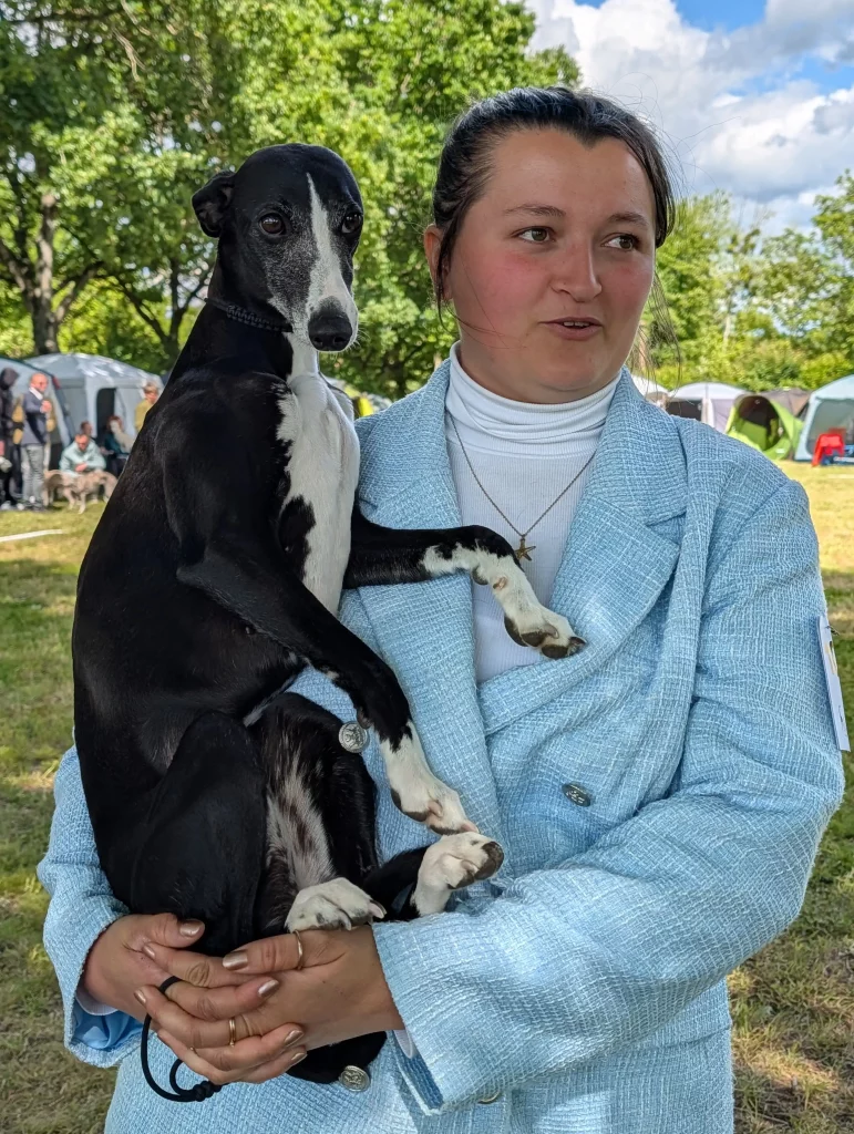 Un Whippet noir et blanc et son éleveuse lors de la RE 2026 de Vieure.