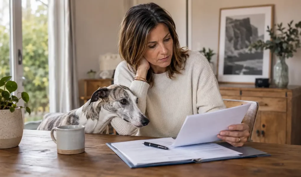 Une femme lisant un contrat d’élevage d’un Whippet à table, un Whippet bringé à ses côtés dans une ambiance calme et réfléchie.