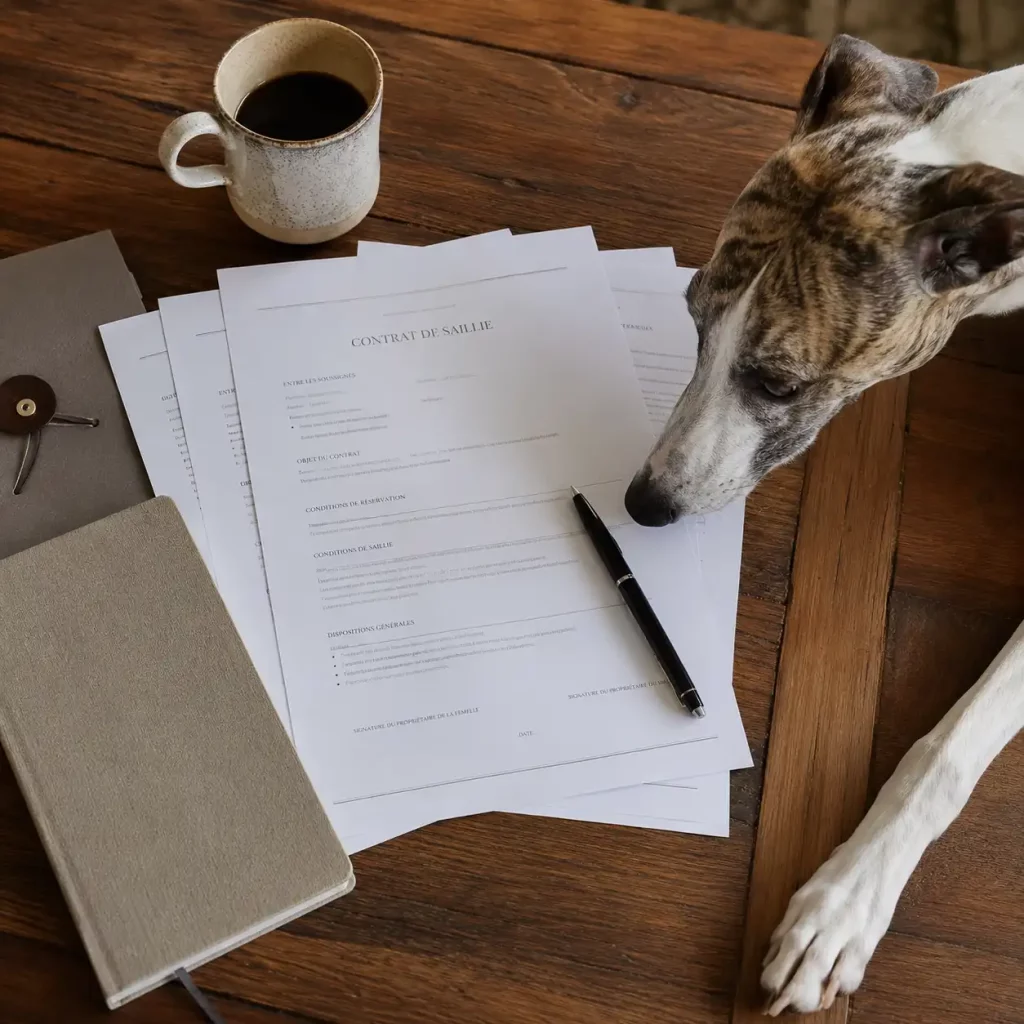Une vue de dessus d’un Whippet près de papiers liés à un contrat d’élevage avec carnet et tasse sur table en bois.