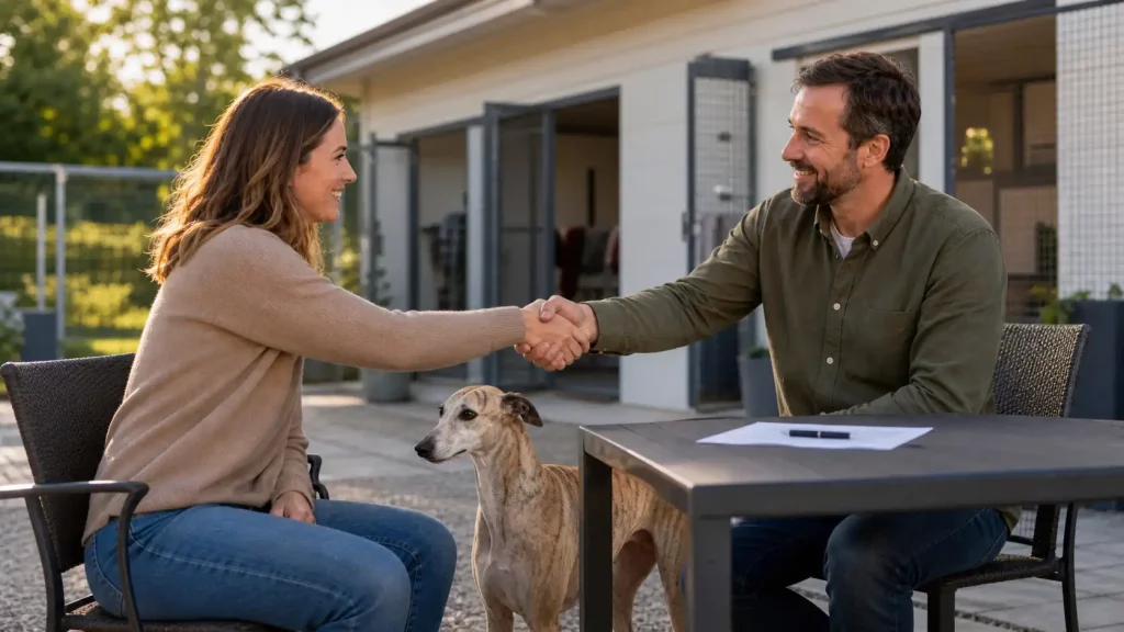 Un éleveur et une adoptante se serrant la main devant un Whippet, en extérieur. Un contrat est posé sur une table à côté d’eux.