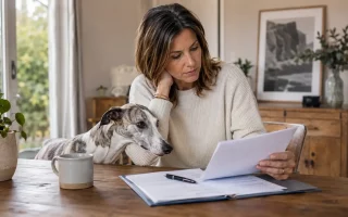 Une femme lisant un contrat d’élevage d’un Whippet à table, un Whippet bringé à ses côtés dans une ambiance calme et réfléchie.