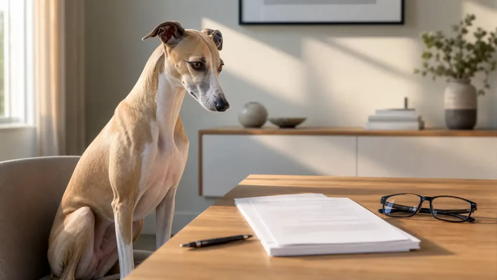 Un lévrier assis devant des documents, un stylo et des lunettes posés sur une table, dans un intérieur lumineux.