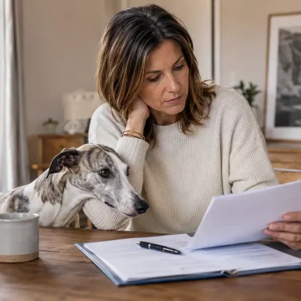 Une femme lisant un contrat d’élevage d’un Whippet à table, un Whippet bringé à ses côtés dans une ambiance calme et réfléchie.