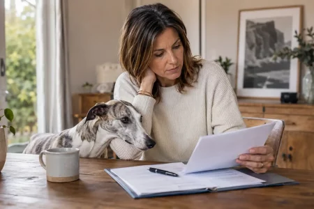 Une femme lisant un contrat d’élevage d’un Whippet à table, un Whippet bringé à ses côtés dans une ambiance calme et réfléchie.