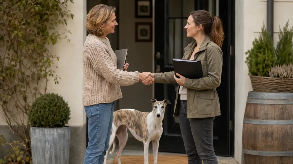 Éleveuse et adoptante se serrant la main devant une maison avec un Whippet bringé à leurs pieds.