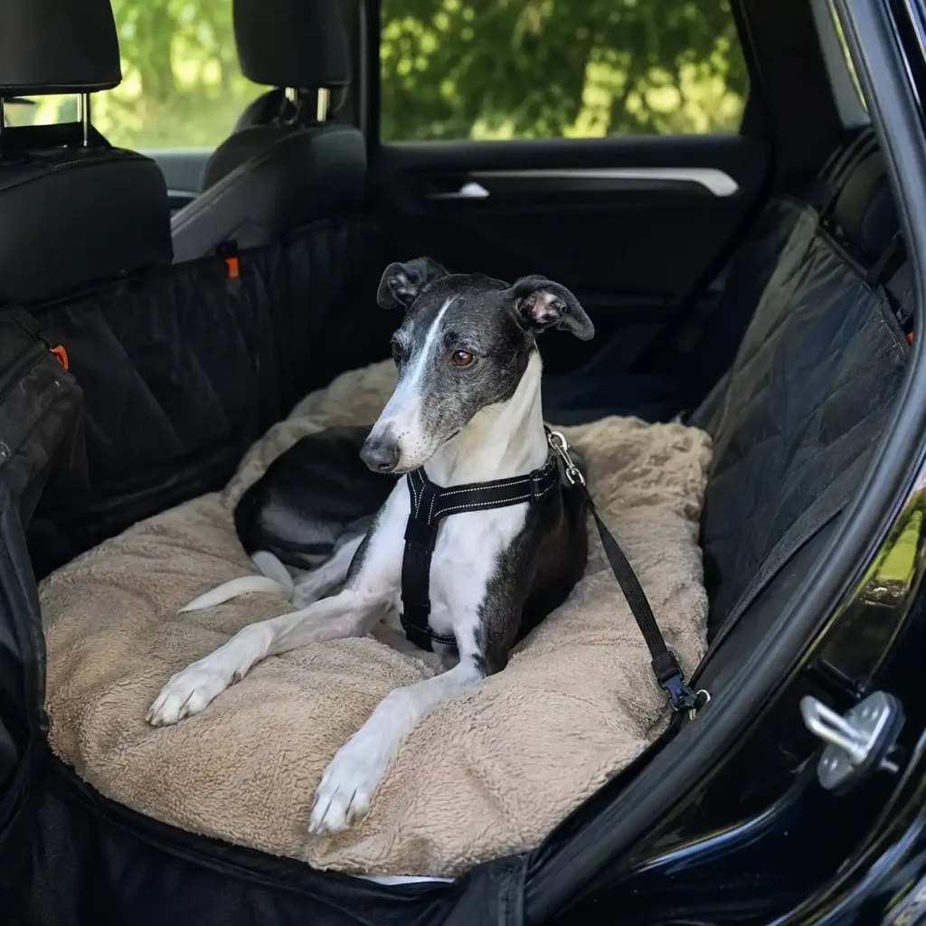 Un Whippet noir et blanc sécurisé en voiture pour un départ en vacances avec harnais et couverture.