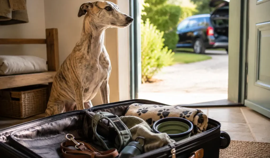 Départ en vacances avec un Whippet bringé fauve installé près d’une valise contenant ses affaires de voyage.
