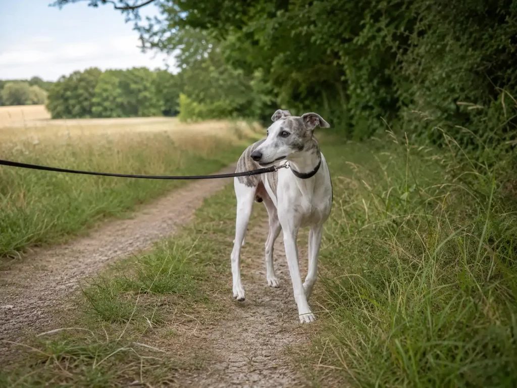 Un Whippet bringé en longe sur un chemin de campagne.