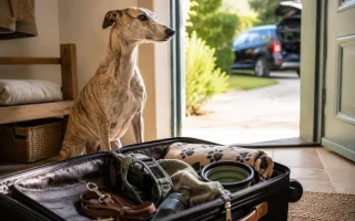 Départ en vacances avec un Whippet bringé fauve installé près d’une valise contenant ses affaires de voyage.