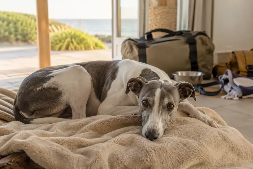 Un Whippet bleu et blanc au repos sur un plaid dans une maison de vacances avec vue sur la mer.