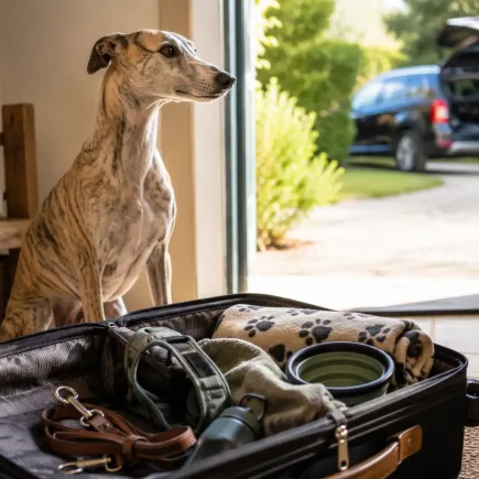 Départ en vacances avec un Whippet bringé fauve installé près d’une valise contenant ses affaires de voyage.