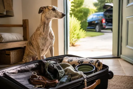 Départ en vacances avec un Whippet bringé fauve installé près d’une valise contenant ses affaires de voyage.