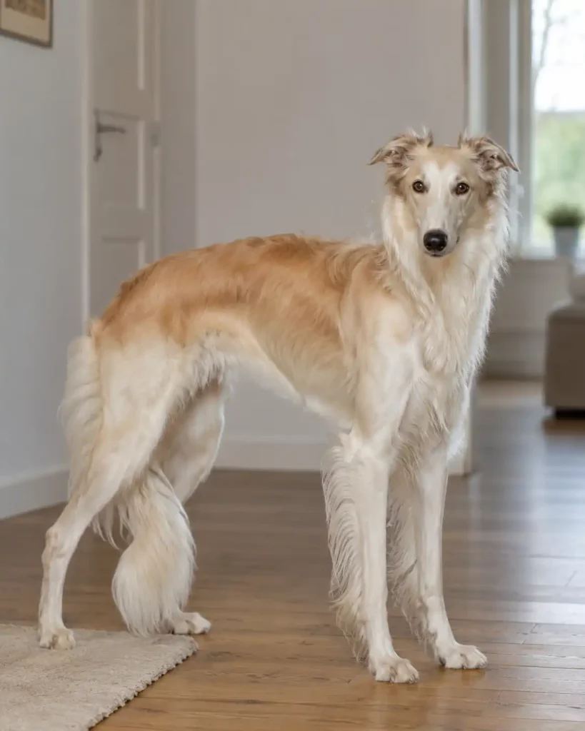 Un Silken Windhound à poil soyeux, robe sable et blanche, debout dans un intérieur lumineux.