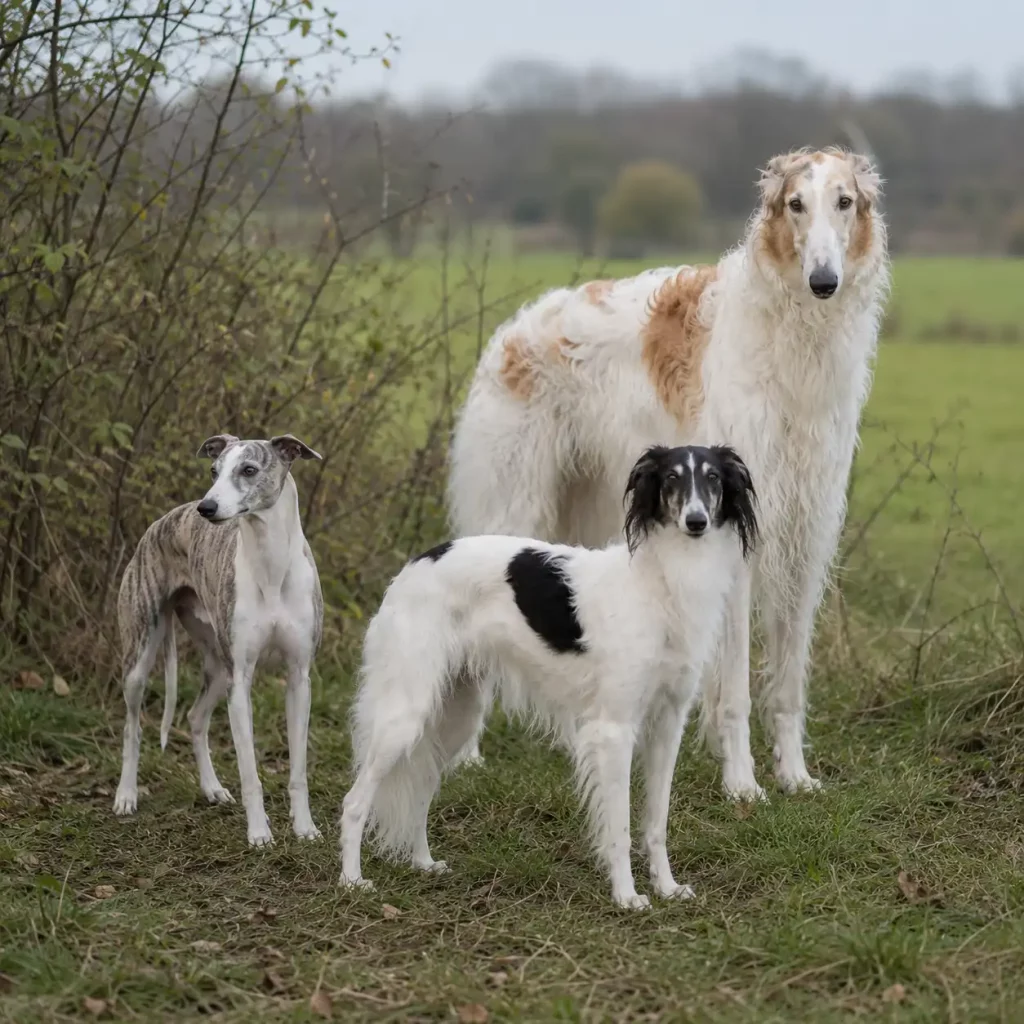Whippet, Lévrier de soie et Barzoï illustrant l’origine du Whippet croisé Barzoï.