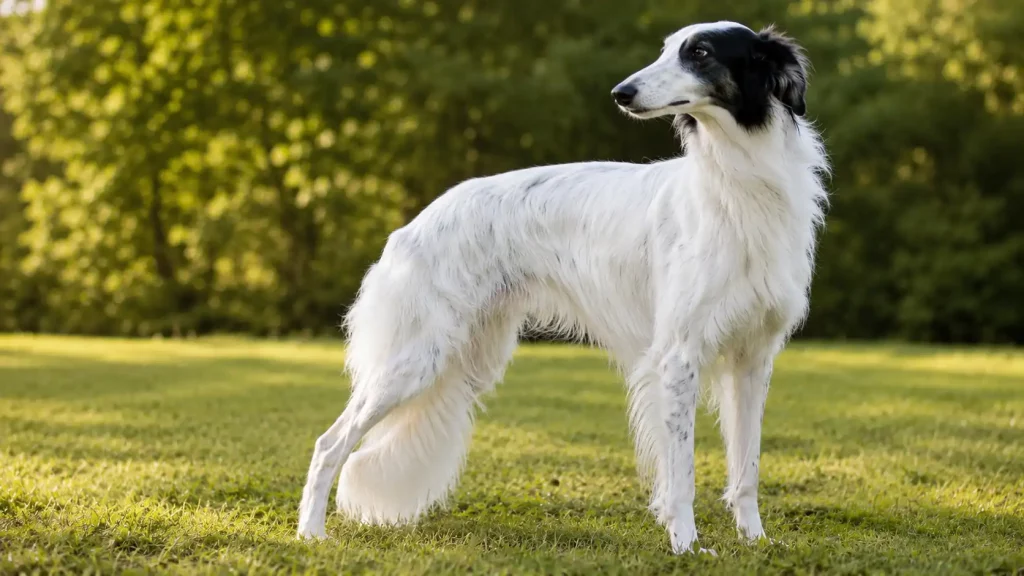 Un lévrier de soie blanc avec tête noire, au poil long et soyeux, debout dans un jardin ou un parc.