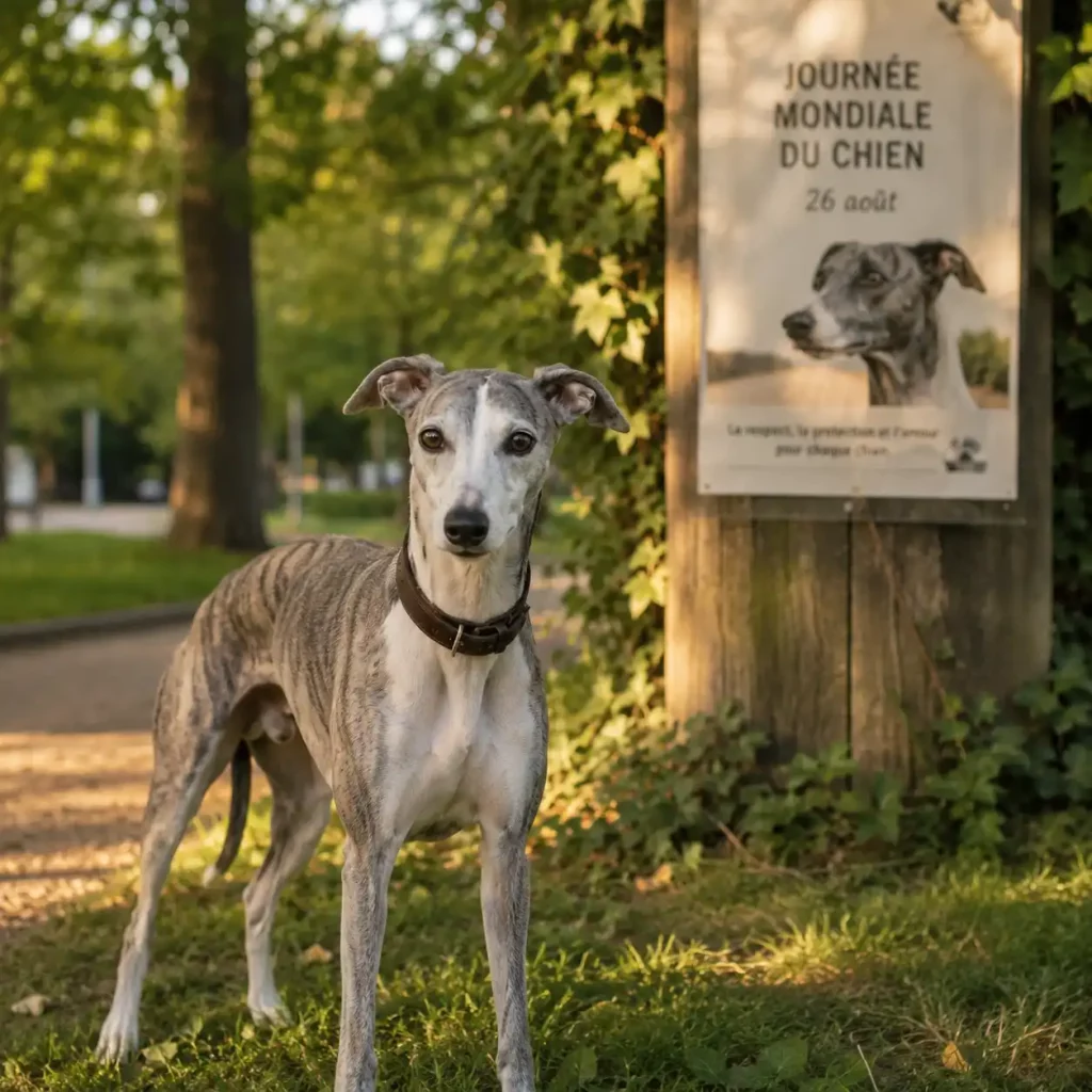 Un Whippet devant une affiche de sensibilisation pour la Journée mondiale du chien du 26 août.