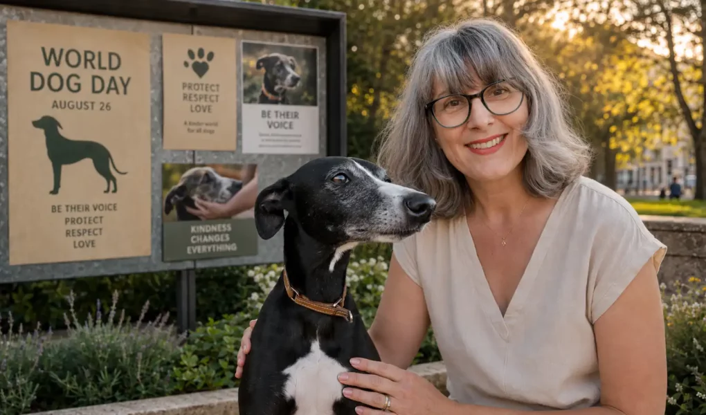Laura et sa Whippet Pimprenelle devant une affiche de sensibilisation pour la Journée mondiale du chien du 26 août.