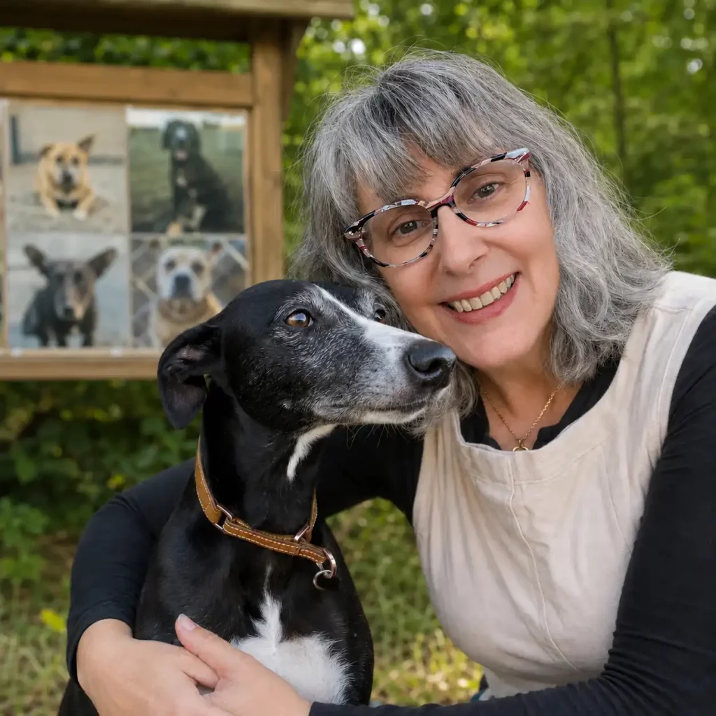 Laura avec Pimprenelle, son Whippet noir et blanc, devant un panneau consacré à la protection des chiens.