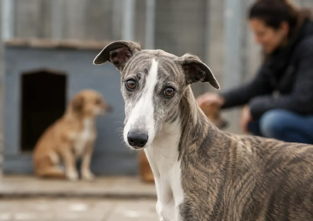 Un Whippet au regard inquiet dans un refuge pour chiens, illustration d’une situation de maltraitance ou d’abandon.