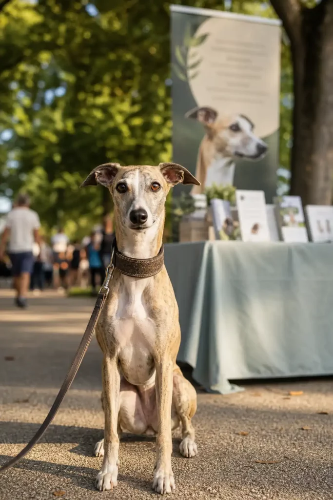 Un Whippet assis devant un stand de sensibilisation à la protection animale lors de la Journée mondiale du chien.