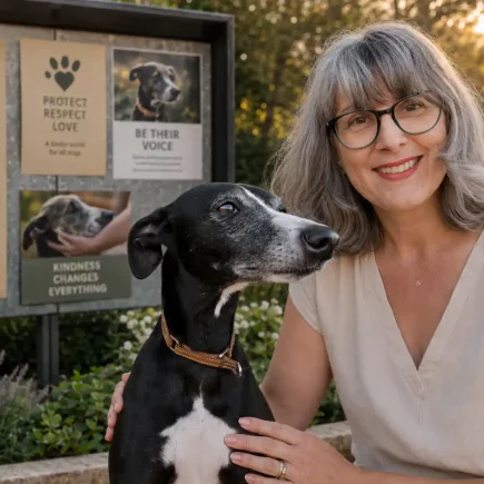 Laura et sa Whippet Pimprenelle devant une affiche de sensibilisation pour la Journée mondiale du chien du 26 août.