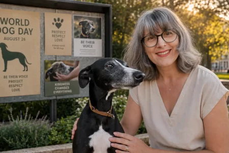 Laura et sa Whippet Pimprenelle devant une affiche de sensibilisation pour la Journée mondiale du chien du 26 août.