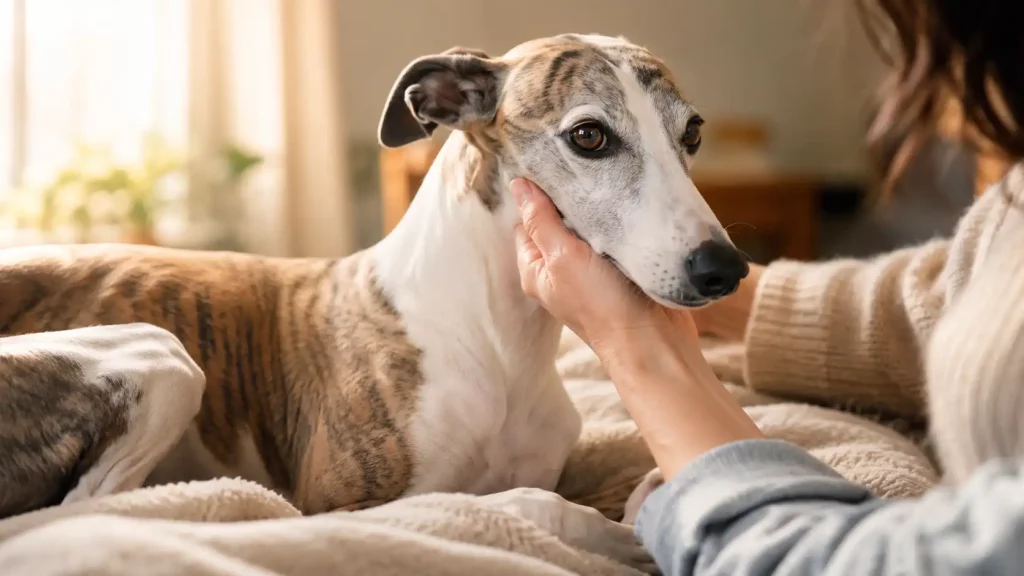 Un Whippet installé confortablement et caressé avec douceur pour illustrer la bientraitance du chien.