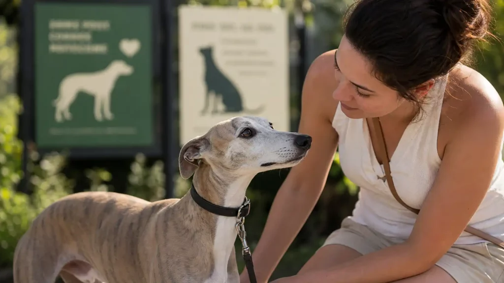 Un Whippet regardant une femme avec confiance devant des affiches de sensibilisation à la protection animale.