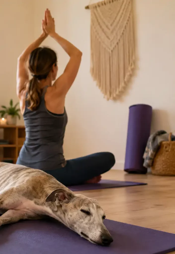 Un Whippet endormi sur un tapis pendant quâune femme pratique le yoga Ă la maison.