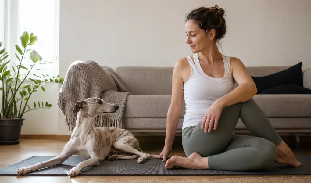 Pratiquer le yoga avec un Whippet : Un Whippet allongé librement sur le tapis pendant une séance de doga.