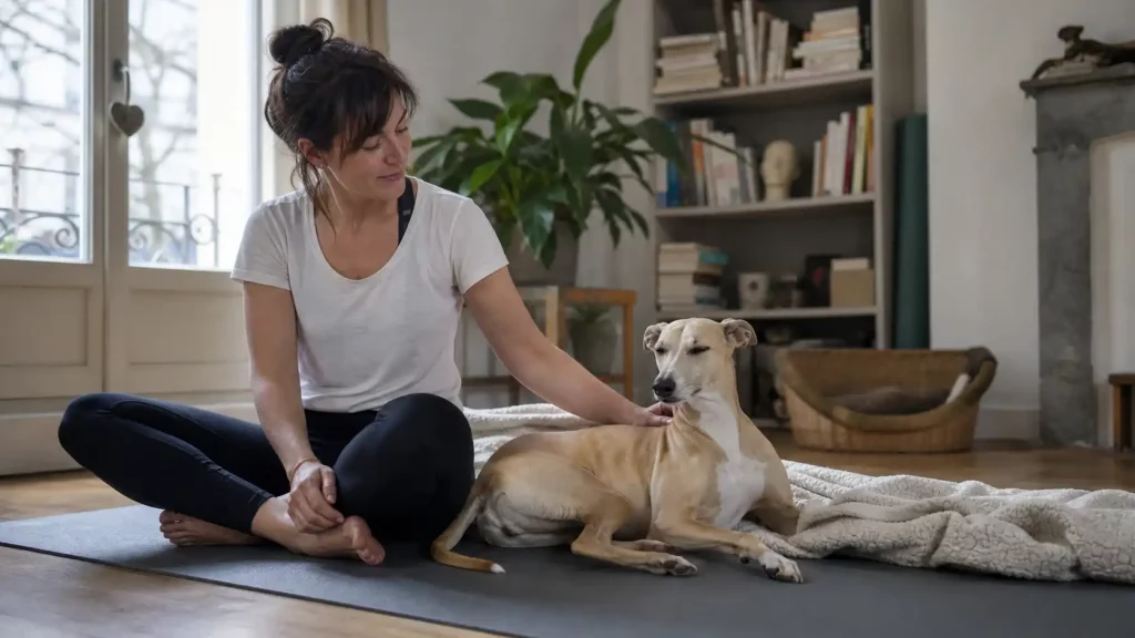 Une Femme posant doucement la main sur un Whippet détendu pendant une séance de doga.