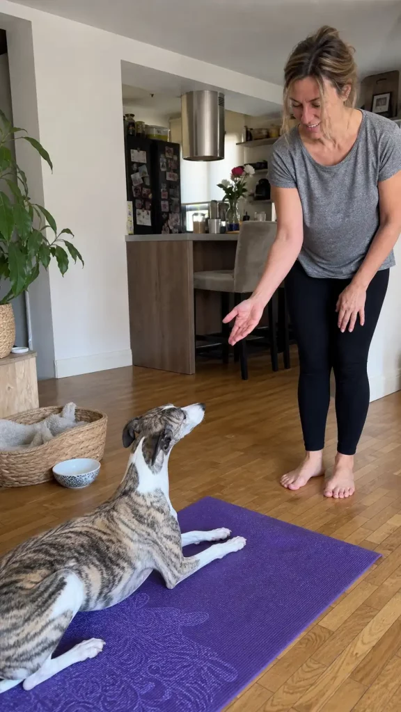 PremiÚre séance de doga à la maison avec un Whippet installé sur un tapis de yoga.