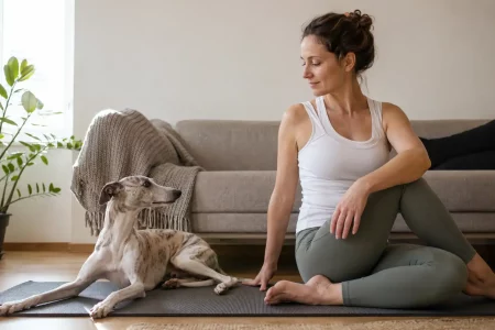 Pratiquer le yoga avec un Whippet : Un Whippet allongé librement sur le tapis pendant une séance de doga.